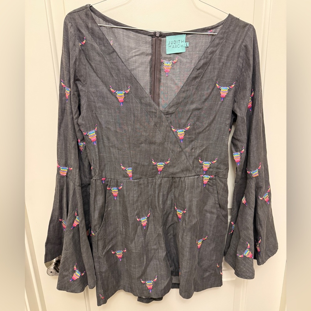 Judith March Gray Women's Romper with Colorful Embroidery and long bell sleeves